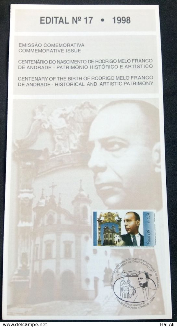 Brochure Brazil Edital 1998 17 Rodrigo Melo Franco Without Stamp - Covers & Documents