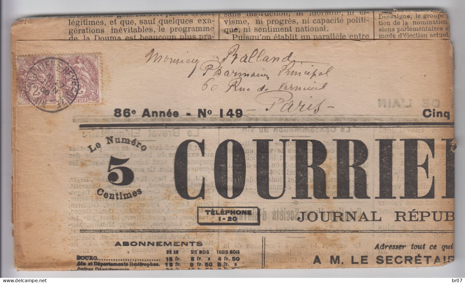 AIN JOURNAL MERCREDI 27 JUIN 1906 COURRIER DE L'AIN TARIF 4C TYPE BLANC N°108 X 2 OBLIT T84 ST JULIEN DE REYSSOUZE - Zeitungsmarken (Streifbänder)