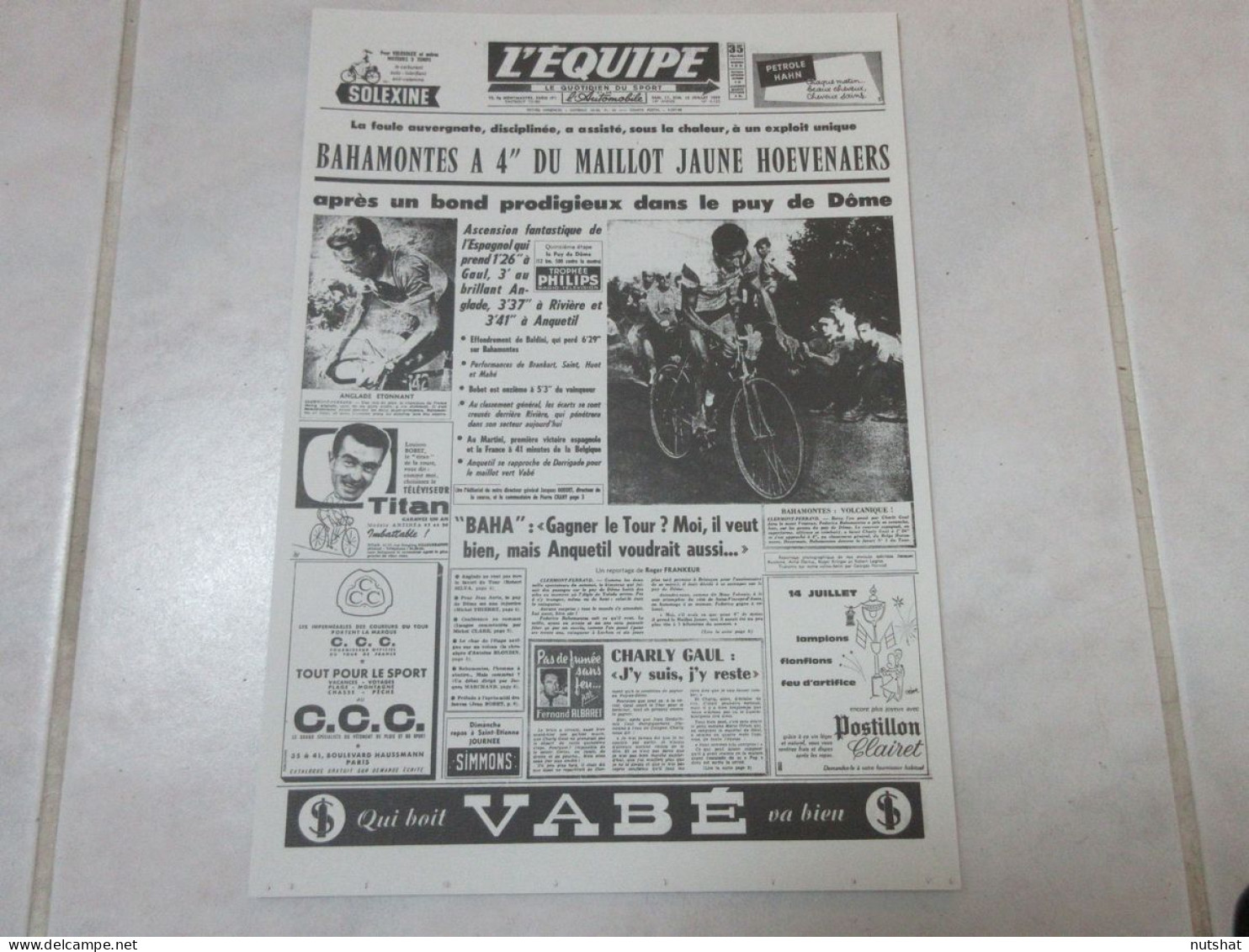 CYCLISME TOUR De FRANCE A LA UNE De L'EQUIPE 11.07.1959 BAHAMONTES PUY De DOME   - Radsport
