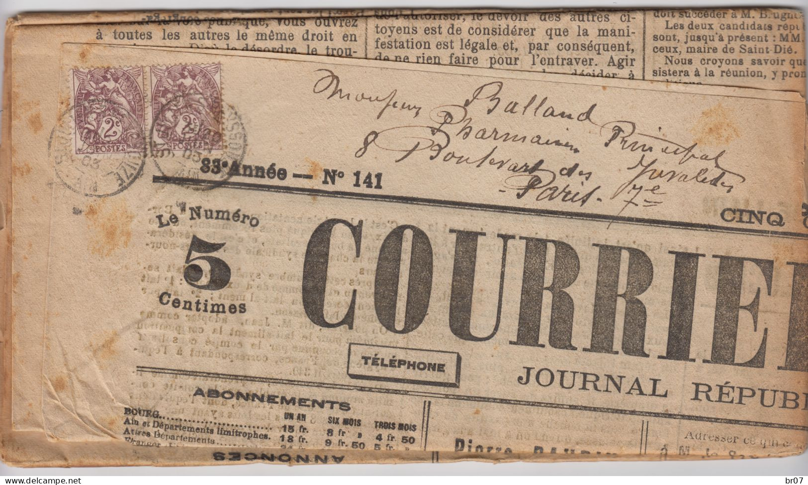 AIN JOURNAL VENDREDI 7 DECEMBRE 1906 COURRIER DE L'AIN TARIF 4C TYPE BLANC N°108 X 2 OBLIT T84 ST JULIEN DE REYSSOUZE - Kranten