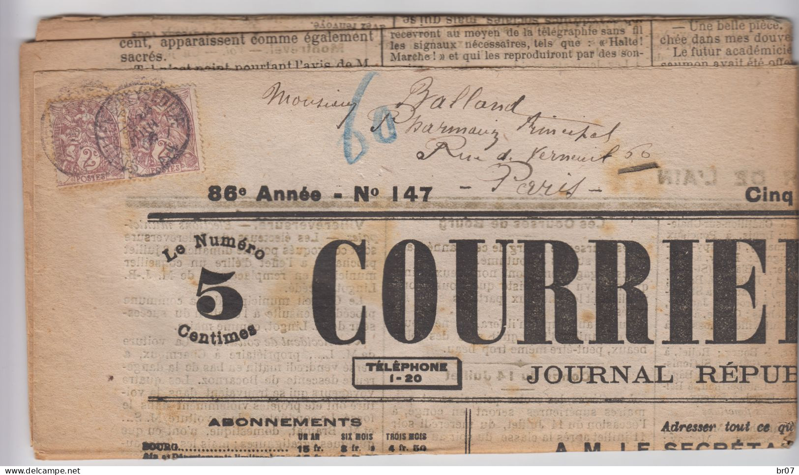 AIN JOURNAL DIMANCHE 24 JUIN 1906 COURRIER DE L'AIN TARIF 4C TYPE BLANC N°108 X 2 OBLIT T84 ST JULIEN DE REYSSOUZE - Giornali