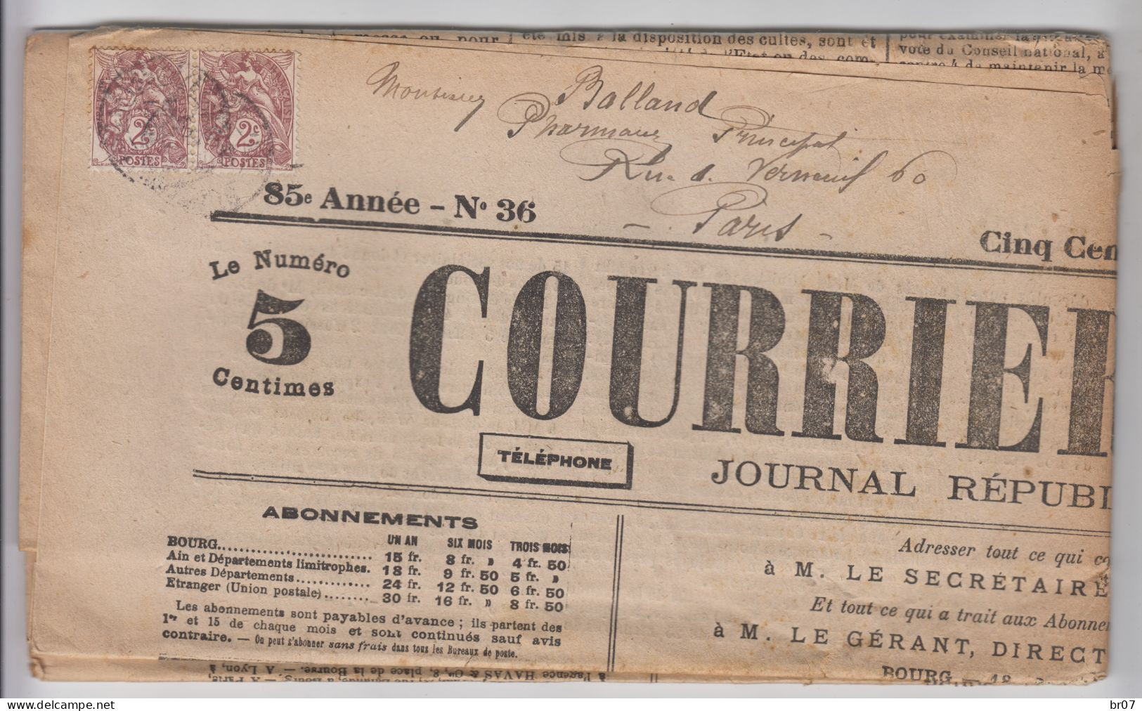 AIN JOURNAL DIMANCHE 24 JUIN 1906 COURRIER DE L'AIN TARIF 4C TYPE BLANC N°108 X 2 OBLIT T84 ST JULIEN DE REYSSOUZE - Zeitungsmarken (Streifbänder)