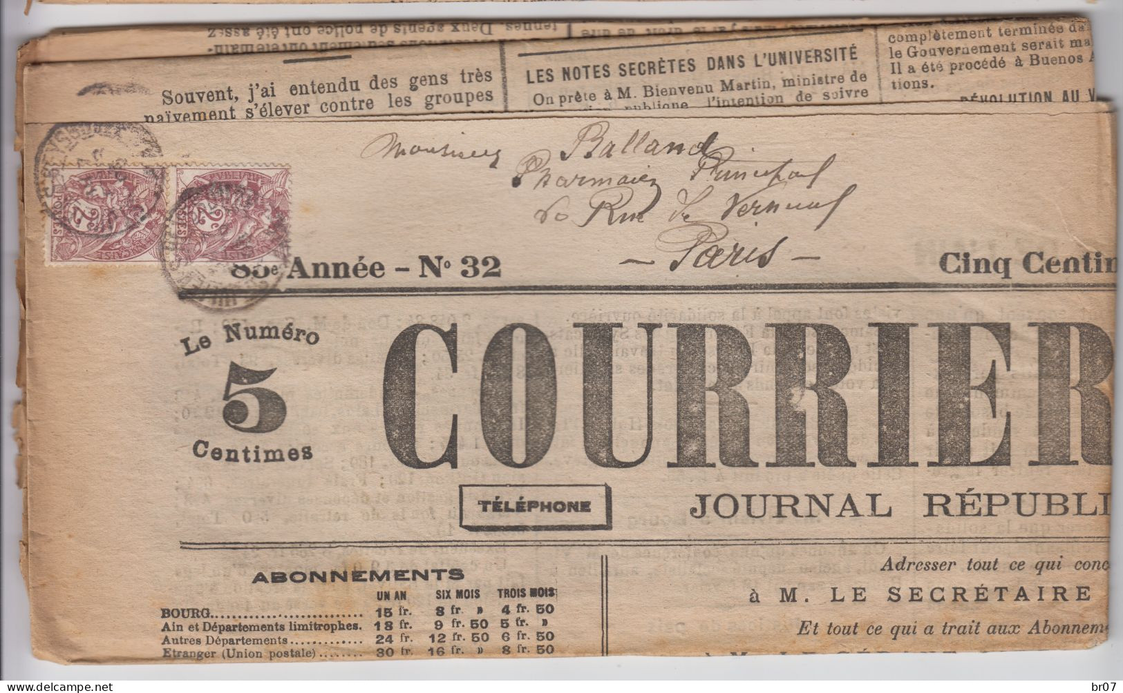 AIN JOURNAL SAMEDI 11 FEVRIER 1905 COURRIER DE L'AIN TARIF 4C TYPE BLANC N°108 X 2 OBLIT T84 ST JULIEN DE REYSSOUZE - Zeitungsmarken (Streifbänder)