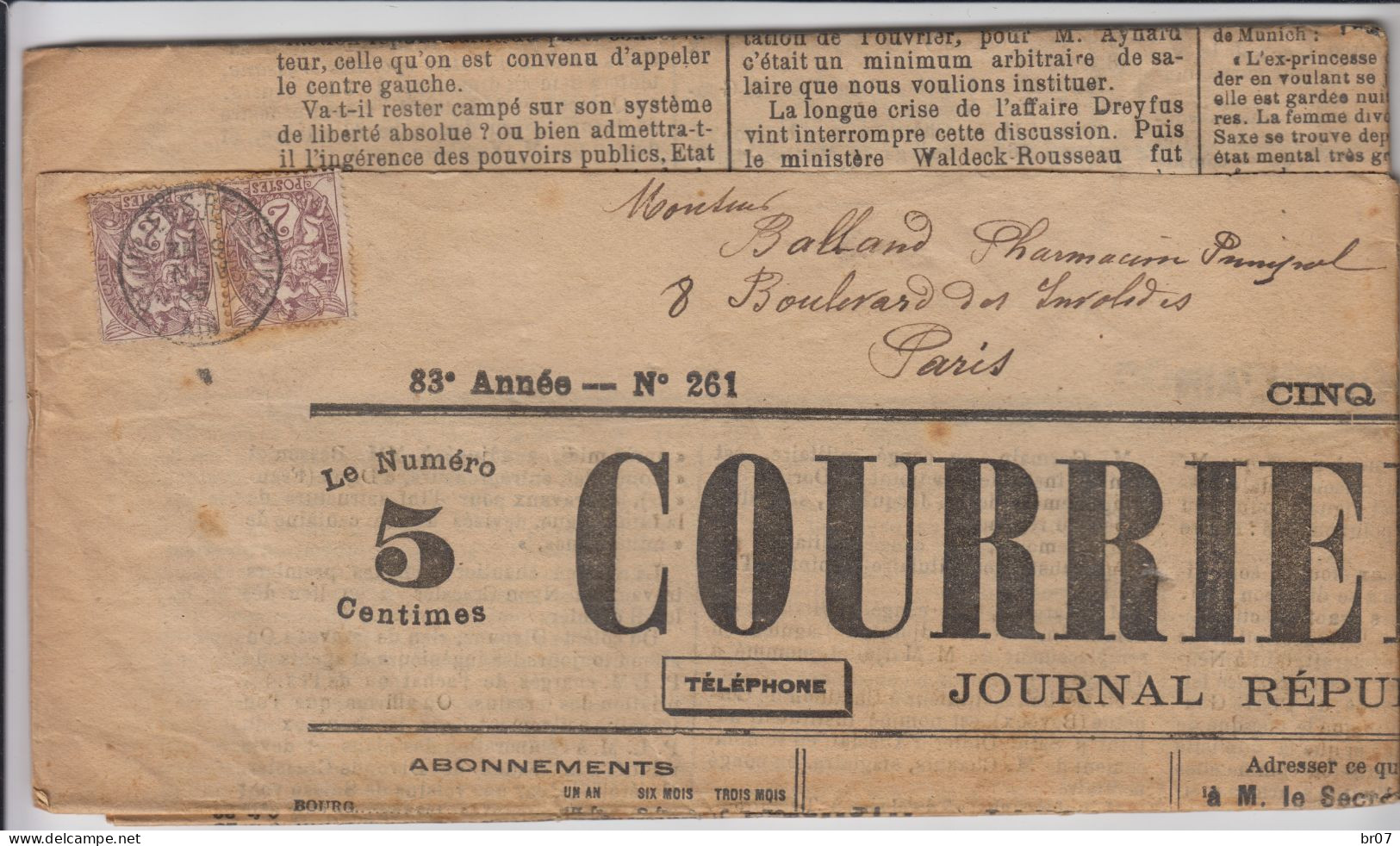 AIN JOURNAL DIMANCHE 8 NOVEMBRE 1903 COURRIER DE L'AIN TARIF 4C TYPE BLANC N°108 X 2 OBLIT T84 ST JULIEN DE REYSSOUZE - Journaux