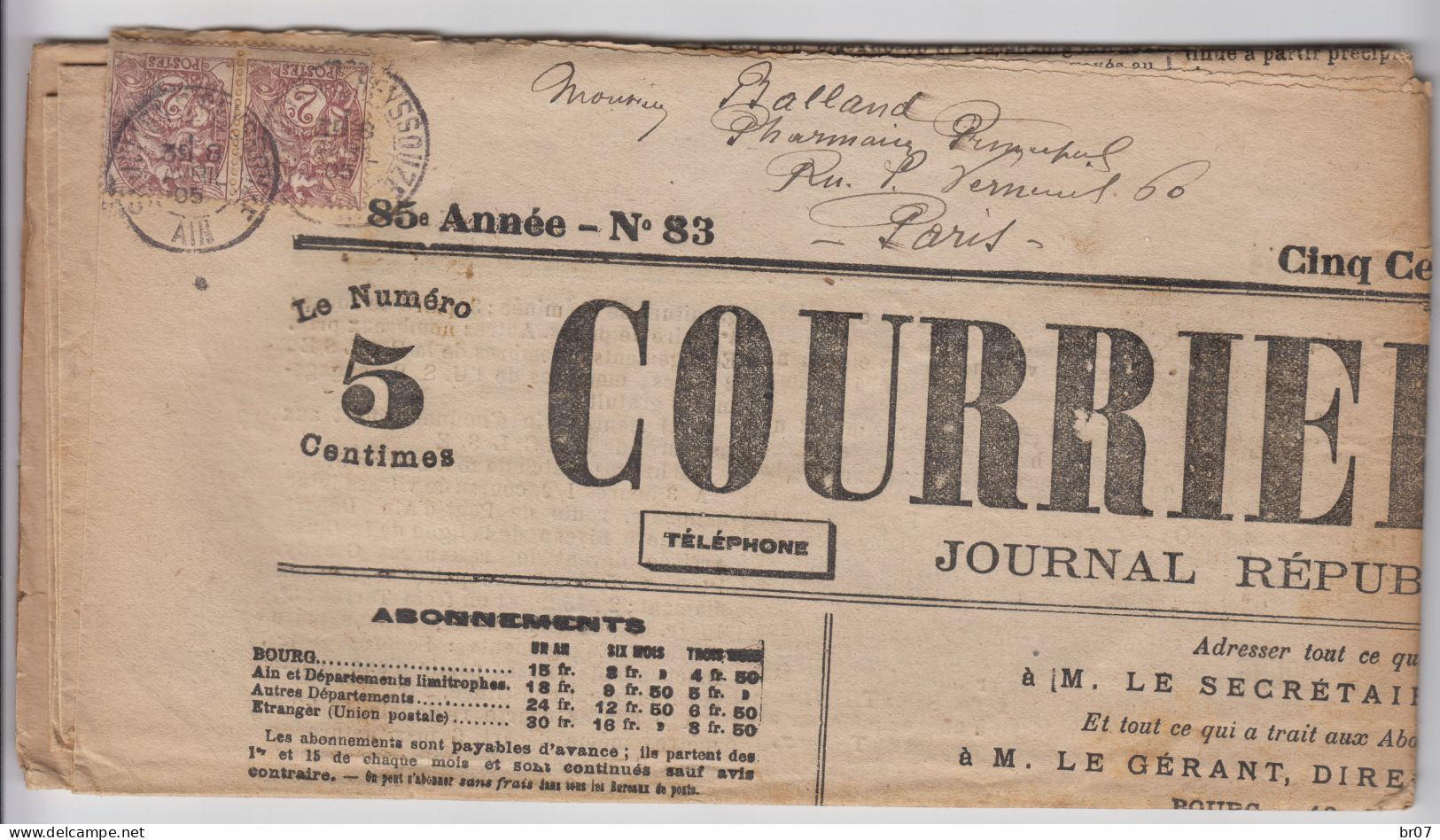 PAIRE 2C BLANC T84 ST JULIEN DE REYSSOUZE AIN SUR JOURNAL LE COURRIER DE L'AIN DU VENDREDI 7 AVRIL 1905 - Zeitungsmarken (Streifbänder)