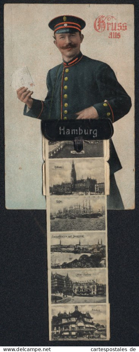 Leporello-AK Hamburg, Briefträger Mit Ansichten In Der Posttasche, Hafen, Jungfernstieg, Alster-Pavillon  - Poste & Facteurs