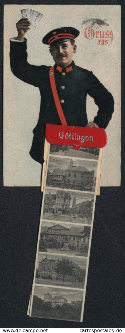 Leporello-AK Göttingen, Briefträger Mit Ansichten In Der Posttasche, Weenderstrasse, Gänselieselbrunnen  - Postal Services