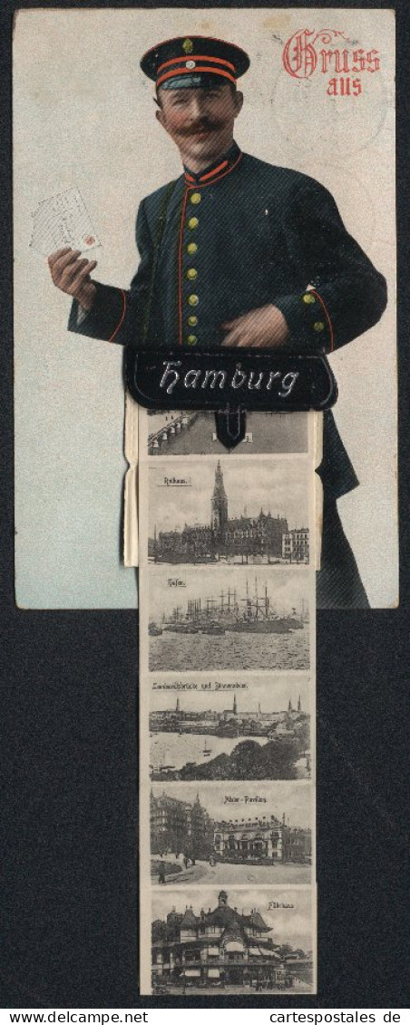 Leporello-AK Hamburg, Briefträger Mit Ansichten In Der Posttasche, Rathaus, Alster-Pavillon  - Post & Briefboten