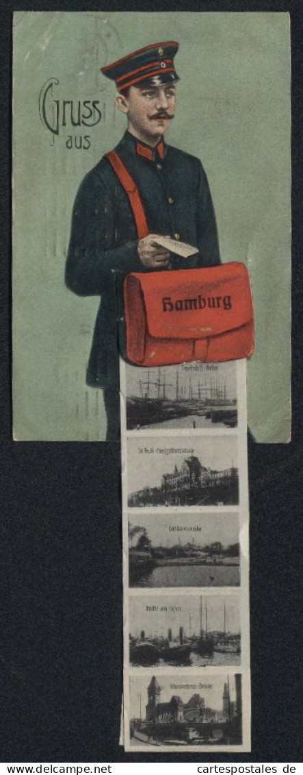 Leporello-AK Hamburg, Briefträger Mit Ansichten In Der Posttasche, St. Pauli-Navigationsschule, Wandrahms-Brücke  - Poste & Postini