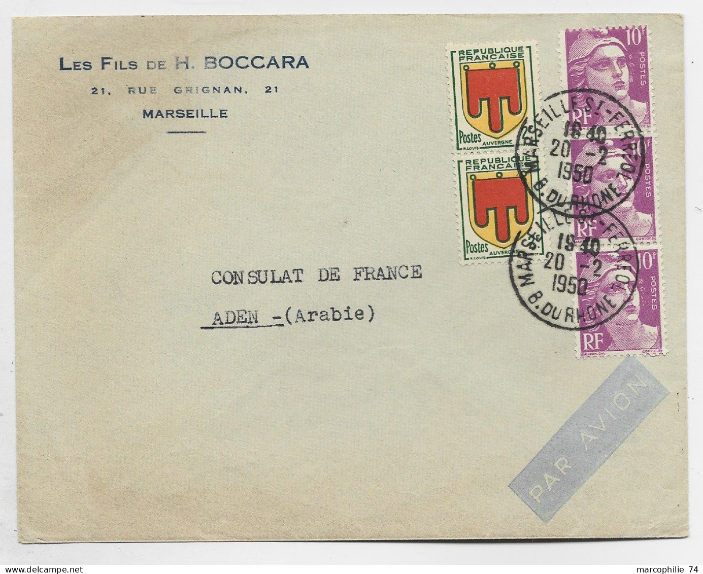 FRANCE GANDON 10FR VIOLETX3+2FR BLASONX2 LETTRE COVER AVION MARSEILLE 20.2.1950 POUR ADEN ARABIE SUD ARABIA PAS AU TARIF - 1945-54 Marianne Of Gandon