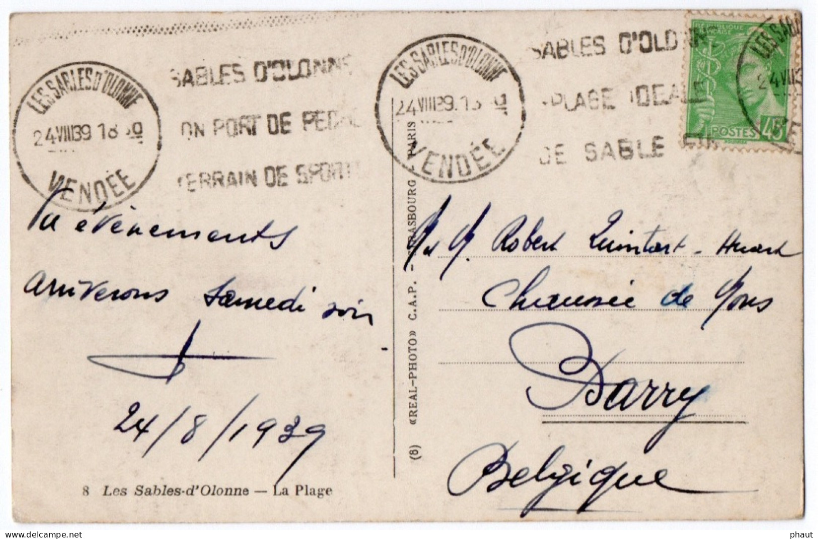 Krag Des Sables D'Olonne Sur Mercure CPA Adressée En Belgique - 1938-42 Mercurio