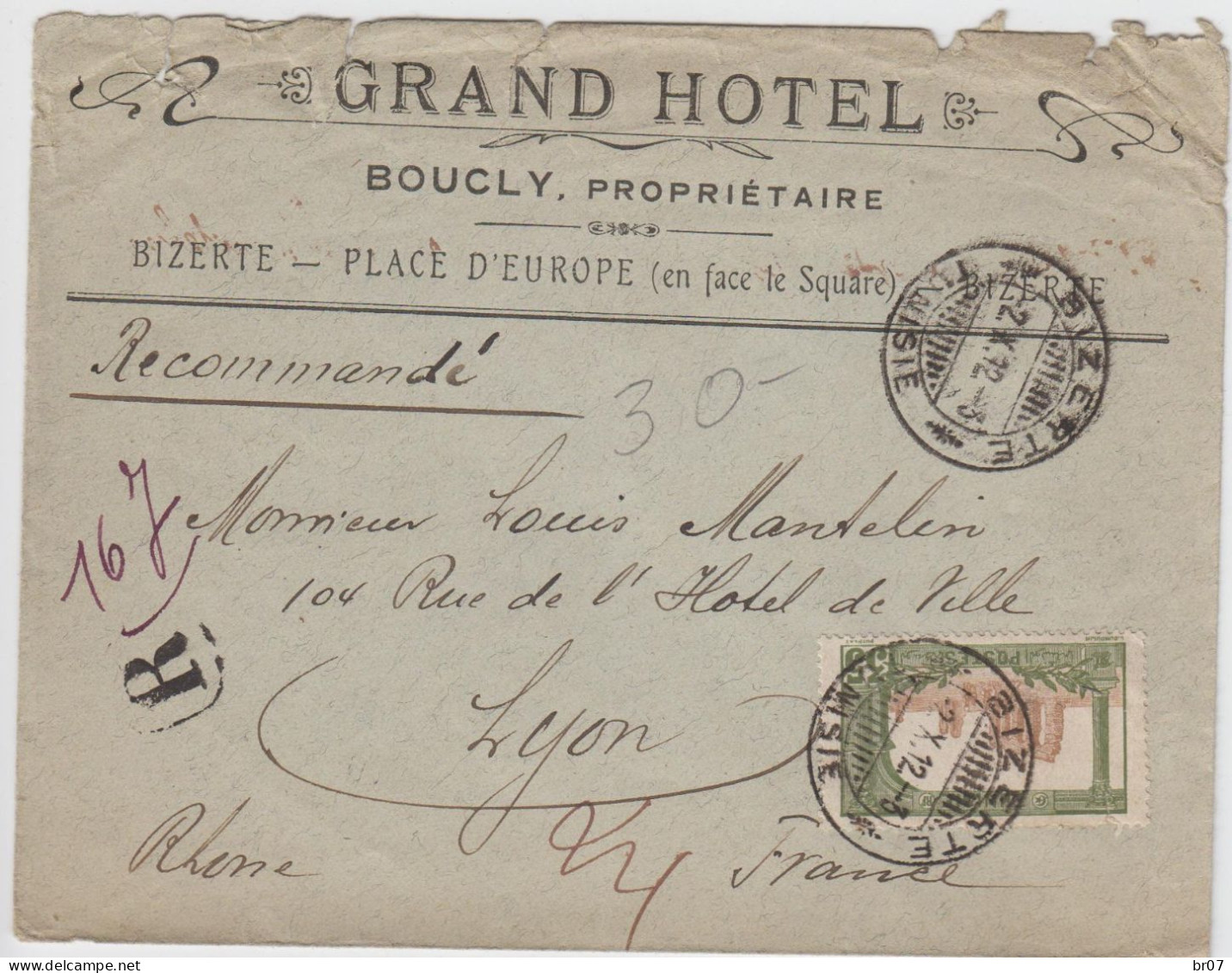 TUNISIE ENV 1912 BIZERTE LETTRE RECOMMANDEE => FRANCE - Lettres & Documents