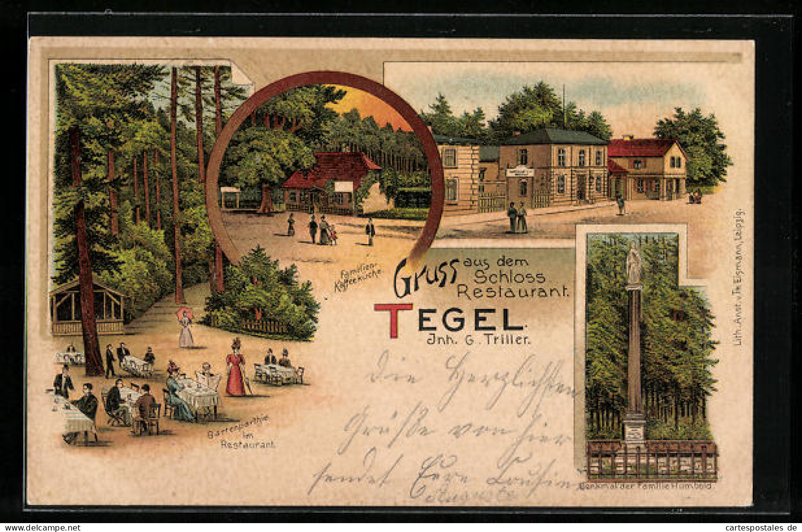 Lithographie Berlin-Tegel, Schloss-Restaurant G. Triller, Garten, Familien-Kaffeeküche  - Tegel