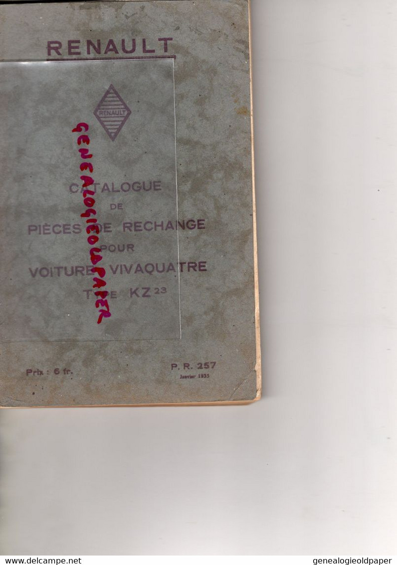 RENAULT -CATALOGUE PIECES RECHANGE VOITURE VIVAQUATRE TYPE KZ 23-JANVIER 1935 BILLANCOURT- - Auto