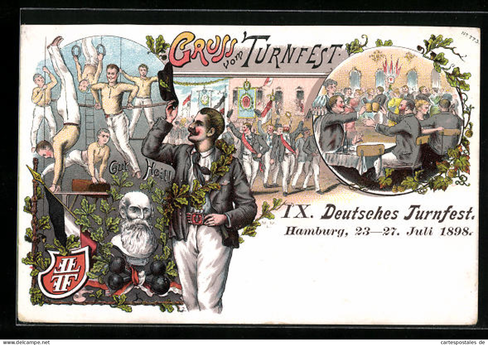 Lithographie Hamburg, Porträt Von Turnvater Jahn, Gruss Vom IX. Deutsches Turnfest 1898, Gut Heil  - Sporters