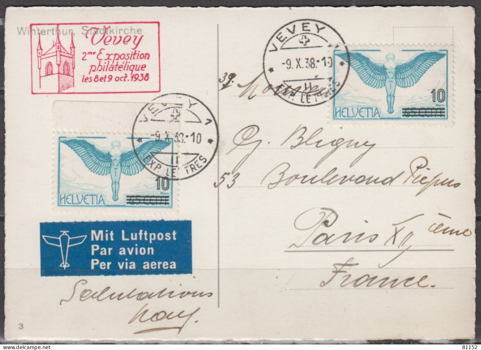 Suisse CPA De Winterthur Le 8 X 38  Poste Aérienne 10c Sur 65c X 2 " VEVEY 2ème Expo Philatélique Oct 1938 " Par AVION - Used Stamps