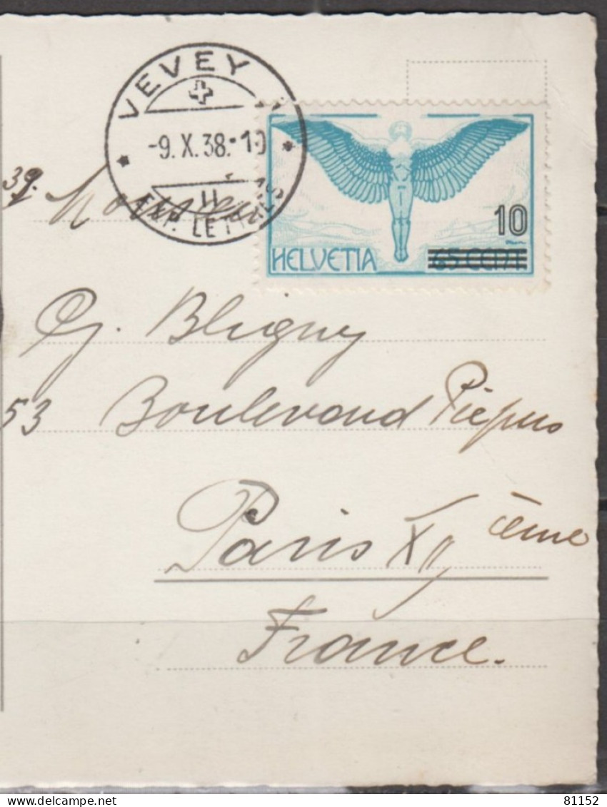 Suisse CPA De Winterthur Le 8 X 38  Poste Aérienne 10c Sur 65c X 2 " VEVEY 2ème Expo Philatélique Oct 1938 " Par AVION - Used Stamps