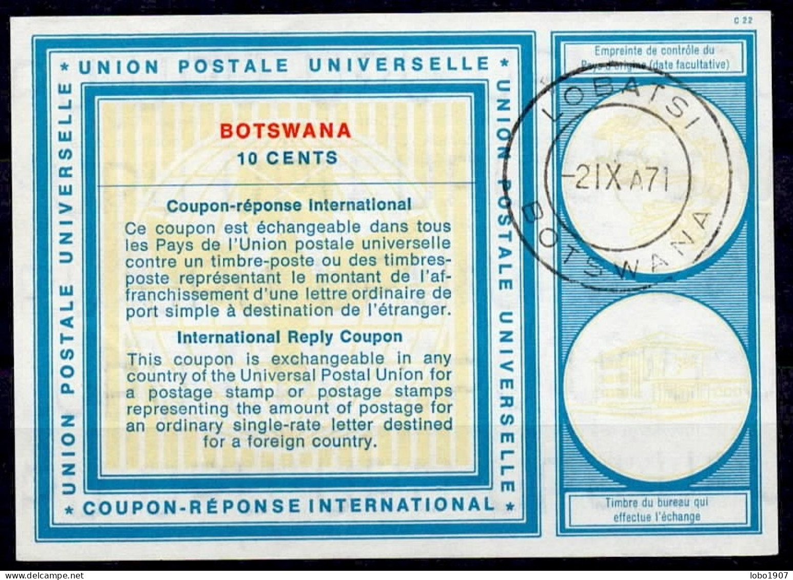 BOTSWANA  Vi19  10 CENTS International Reply Coupon Reponse Antwortschein IRC IAS  O LOBATSI 02.09.71 - Botswana (1966-...)