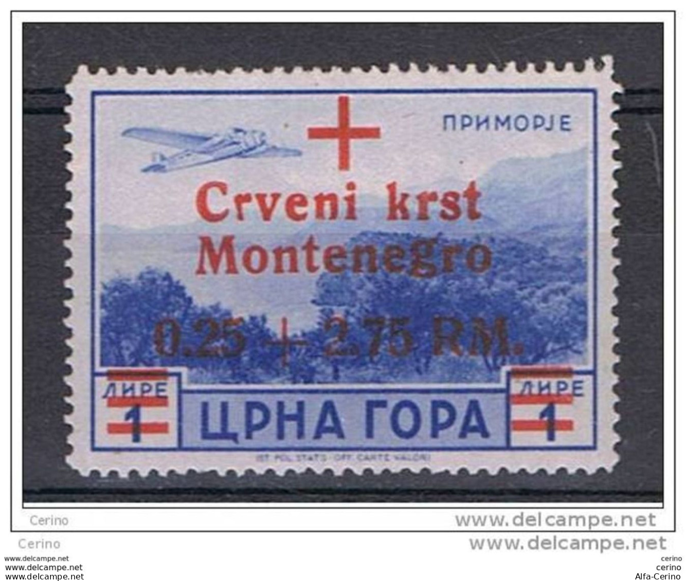 MONTENEGRO - OCCUPAZIONE  TEDESCA:  1944  P.A. SOPRASTAMPATO  -  0,25+2,75 M./£.1 AZZURRO  N. -  SASS. A 10 - German Occ.: Montenegro