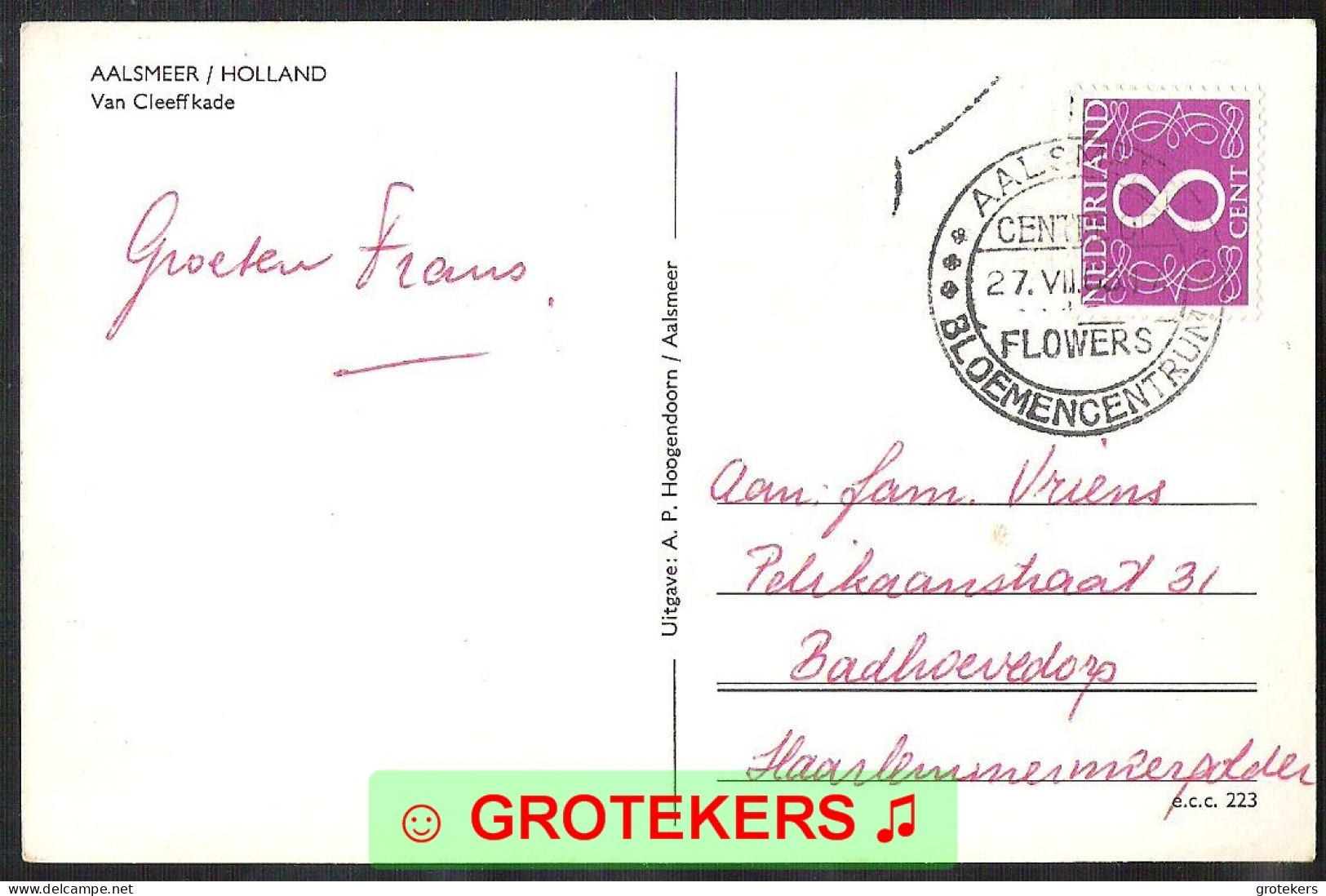 AALSMEER Van Cleeffkade 1965 Met Reclamehandstempel (Van Der Wart 1)  - Aalsmeer