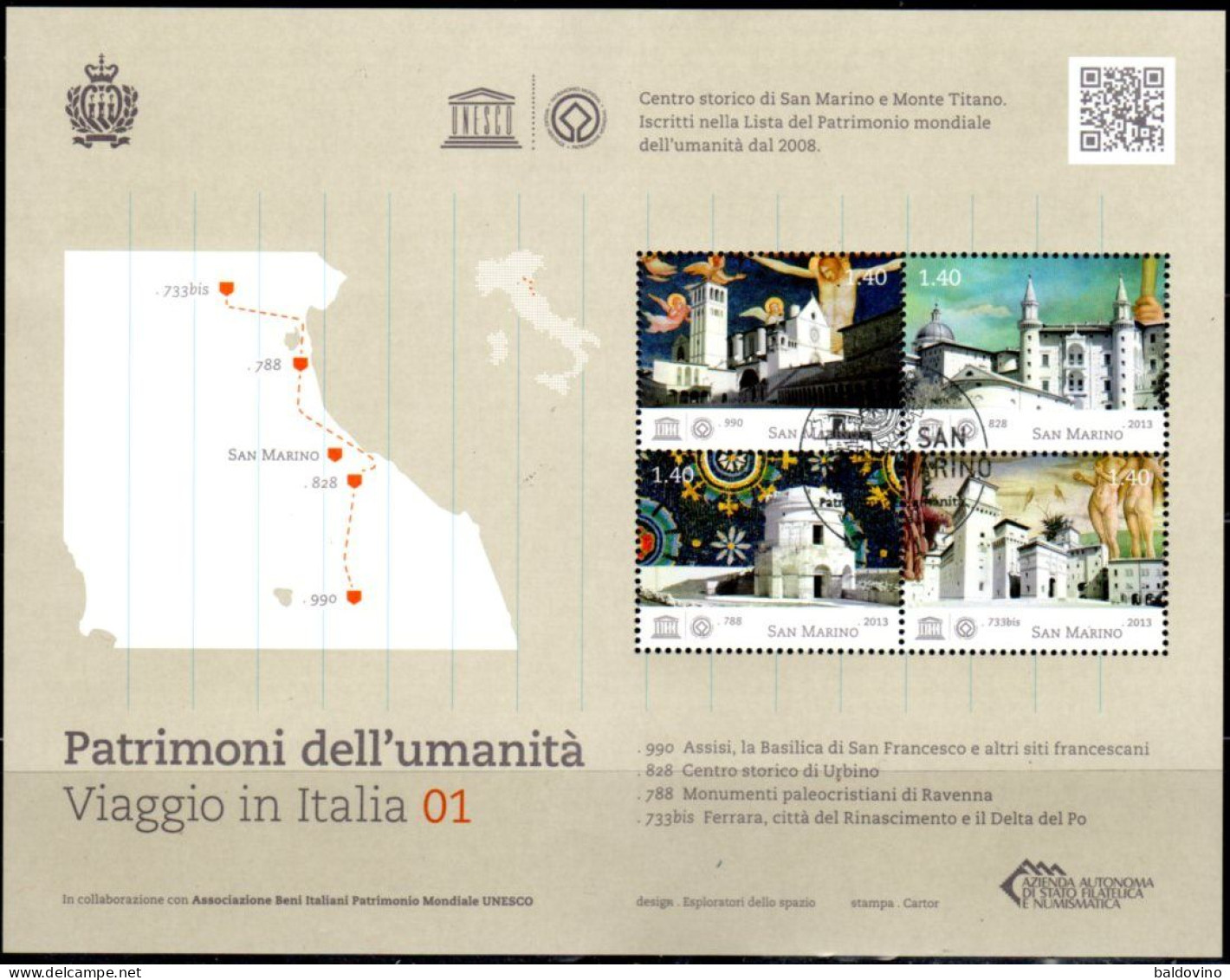 S. Marino 2013 UNESCO Viaggio In Italia Annullo 1° Giorno - Blocs-feuillets