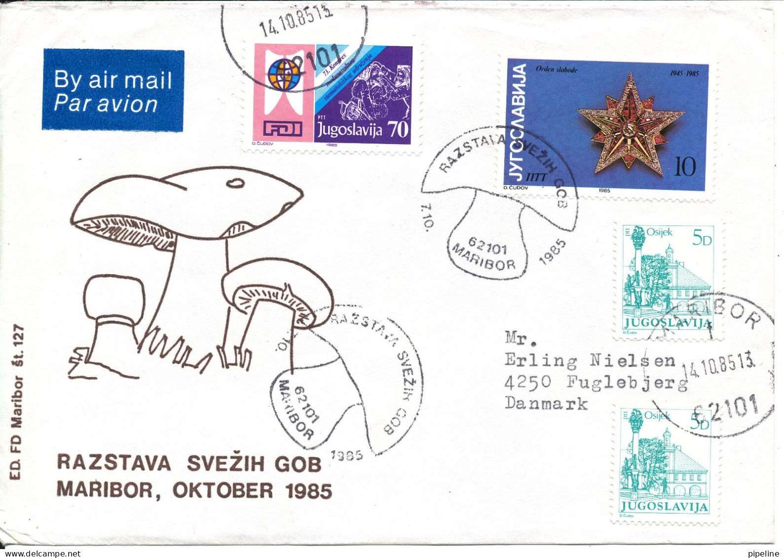 Yugoslavia Uprated FDC/cover Sent To Denmark 14-10-1985 Mushrooms With Cachet - Covers & Documents