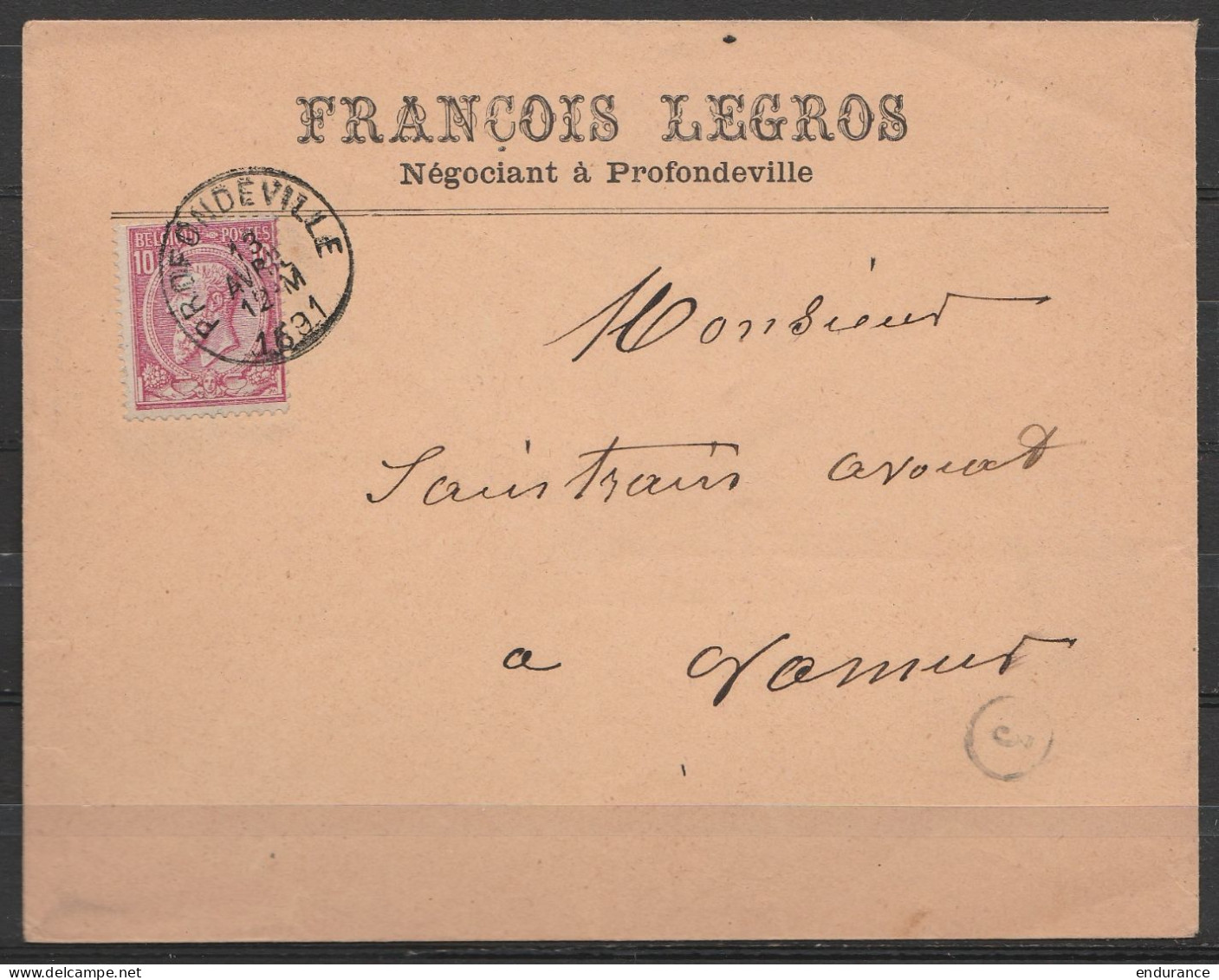 L. Entête Négociant François Legros Affr.N°46 Càd PROFONDVILLE /13 AVRIL 1891 Pour Avocat à NAMUR (au Dos Càd Arrivée Na - 1884-1891 Léopold II