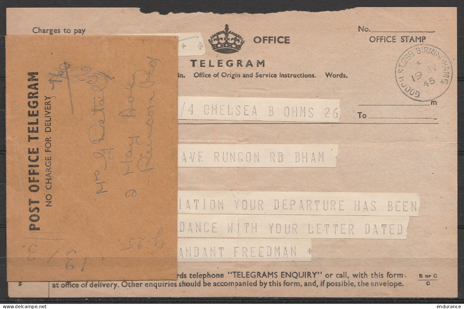 Télégramme + Enveloppe - Càd GOOCH ST.288 BIRMINGHAM /19 MAY 1945 Pour Mrs Detal - BHAM - Marcofilia