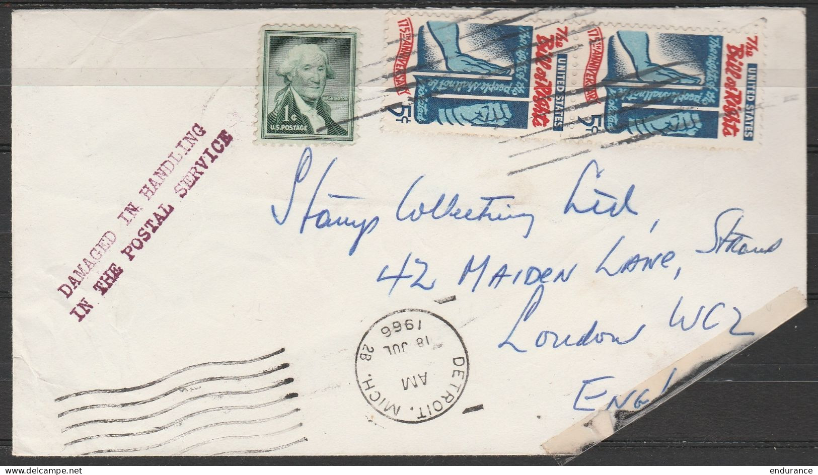 USA - Courrier Accidenté - L.affr.11c Càd DETROIT /18 JUL 1966 Pour LONDON - Griffe "DAMAGED IN HANDLING IN THE POSTAL S - Poststempel