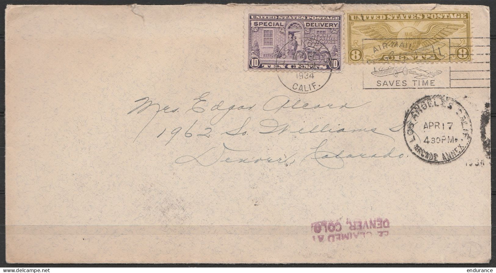 USA - L. Affr. N°PA16+Express N°11 Flam."AIR MAIL SAVES TIME" (avion) LOS ANGELES /APR 17 1934 Pour DENVER (Co) (au Dos: - Poststempel