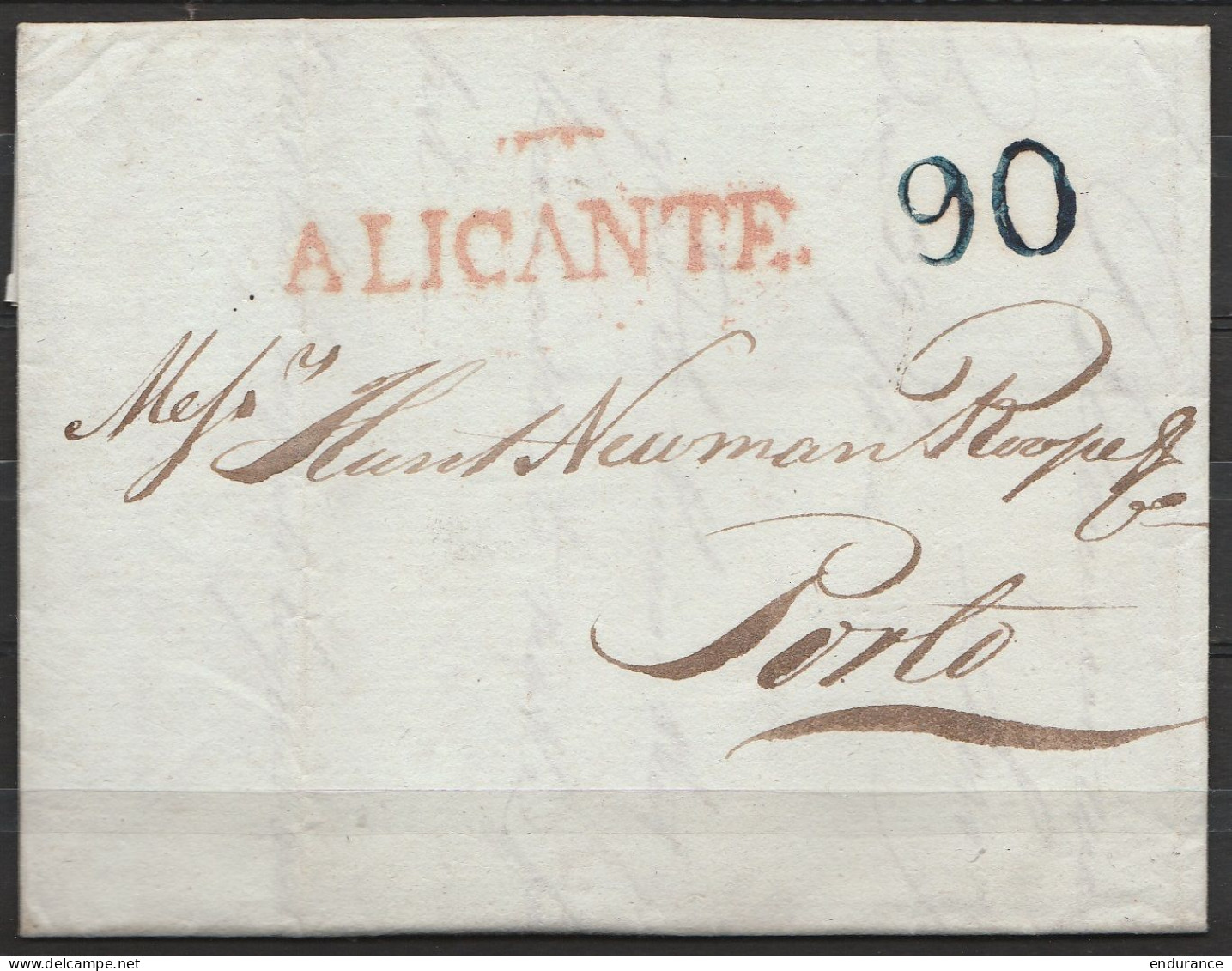 L. Datée 25 Octobre 1834 De ALICANTE Pour PORTO - Griffe "ALICANTE" - Port "90" Au Tampon - ...-1850 Préphilatélie