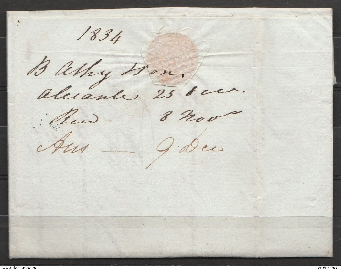 L. Datée 25 Octobre 1834 De ALICANTE Pour PORTO - Griffe "ALICANTE" - Port "90" Au Tampon - ...-1850 Prephilately