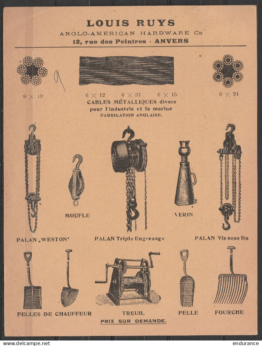 Carte Publicité Outils & Cables Imprimée Affr.N°192 (Houyoux) Flam. ANTWERPEN /9.IX 1924 Pour MANAGE - 1922-1927 Houyoux