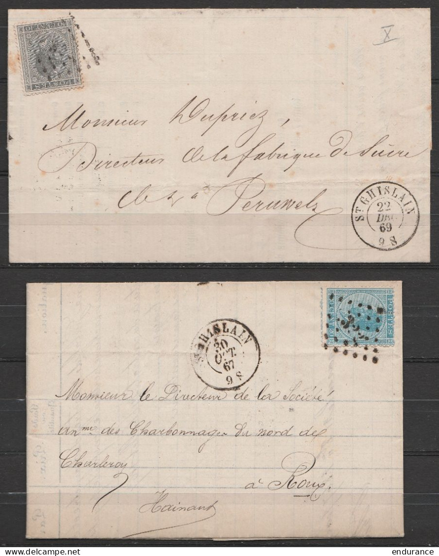 Lot De 2 L. Affr. N°17 Càd ST-GHISLAIN /22 DEC 1869 Pour PERUWELZ + N°18 Càd ST-GHISLAIN /30 OCT 1867 Pour ROUX - Lpts 3 - 1865-1866 Profil Gauche