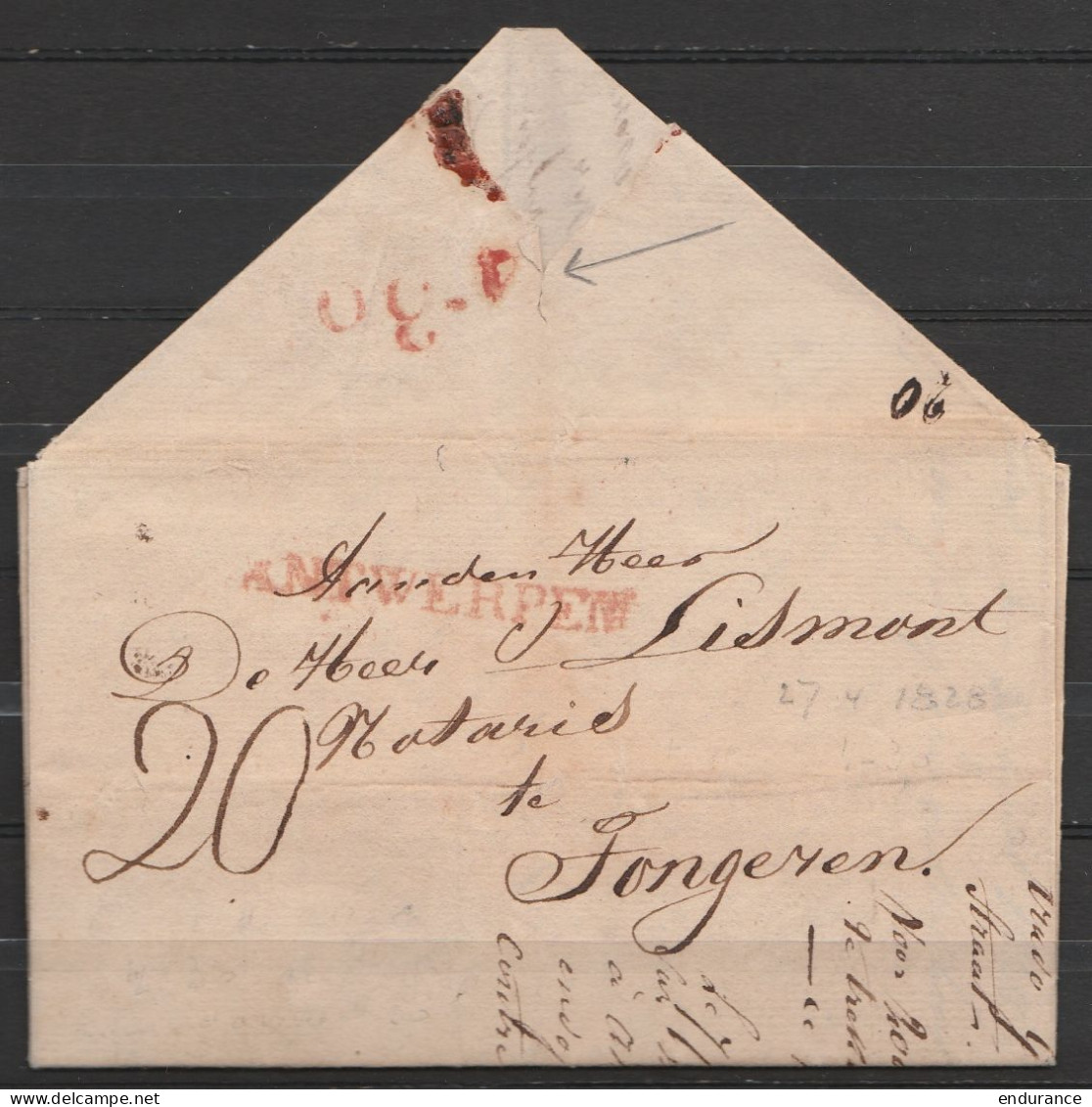 L.datée 27 Avril 1828 De ANTWERPEN Pour Notaire à TONGEREN - Griffe "ANTWERPEN" - Port "20" - Cachet De Départ "4-30" Au - 1815-1830 (Dutch Period)