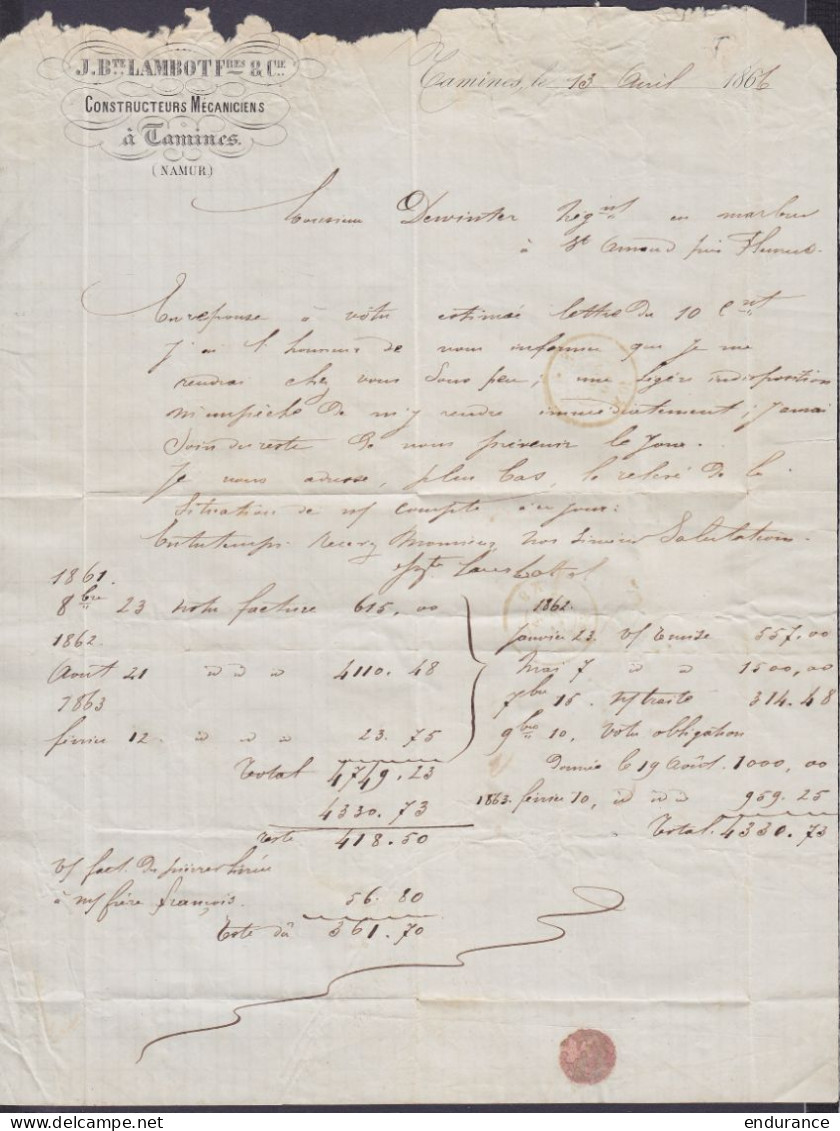 Lot De 2 L. Affr. N°17 Càd TAMINES /14 AVRIL 1866 Pour ST-AMAND (Près Fleurus) + N°18 Càd TAMINES /15 MARS 1867 Pour HUY - 1865-1866 Profiel Links