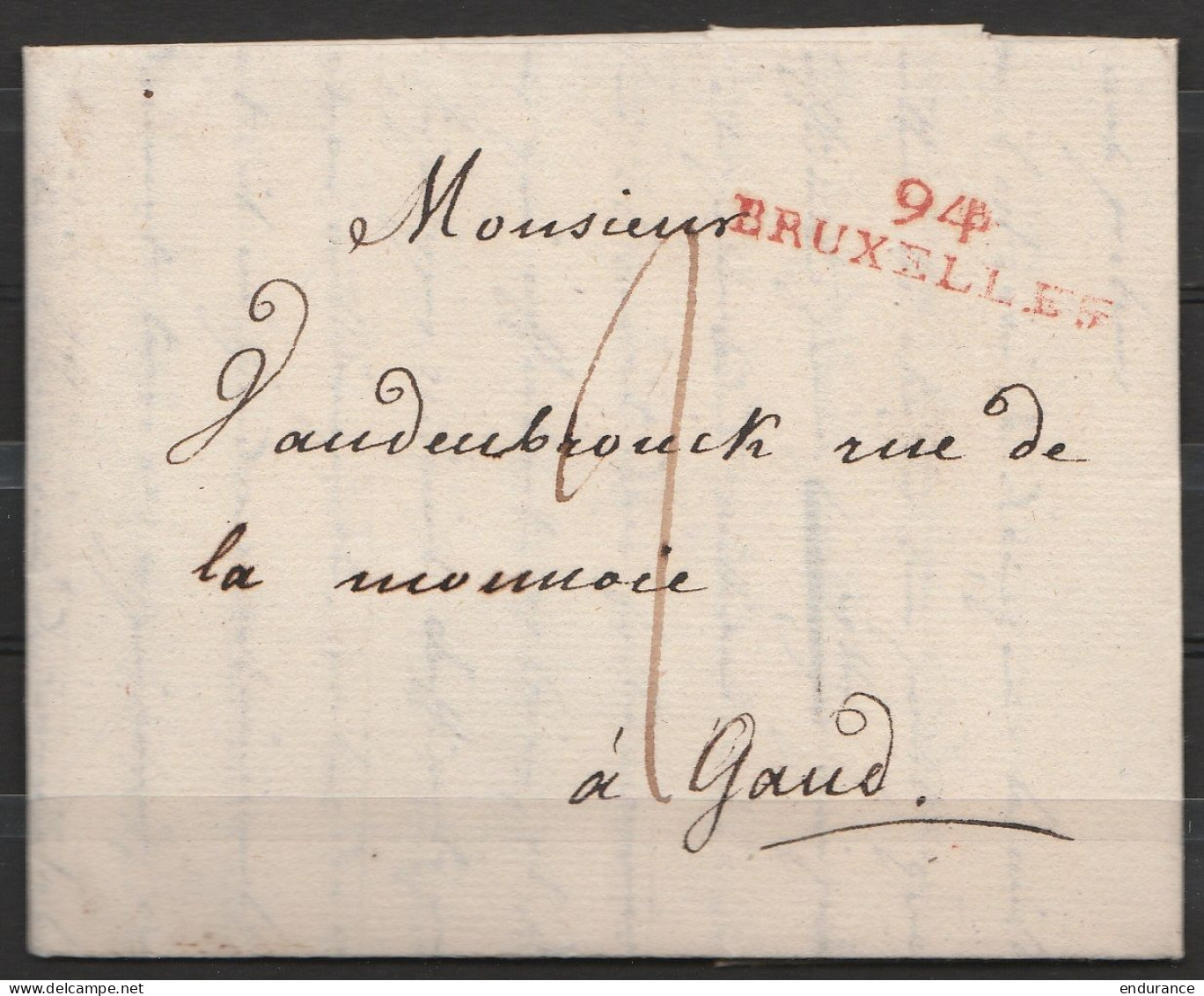 L.datée 16 Septembre 1803 De BRUXELLES Pour GAND - Griffe Rouge "94/BRUXELLES" - Port "2" (très Frais, Superbe !) - 1794-1814 (French Period)