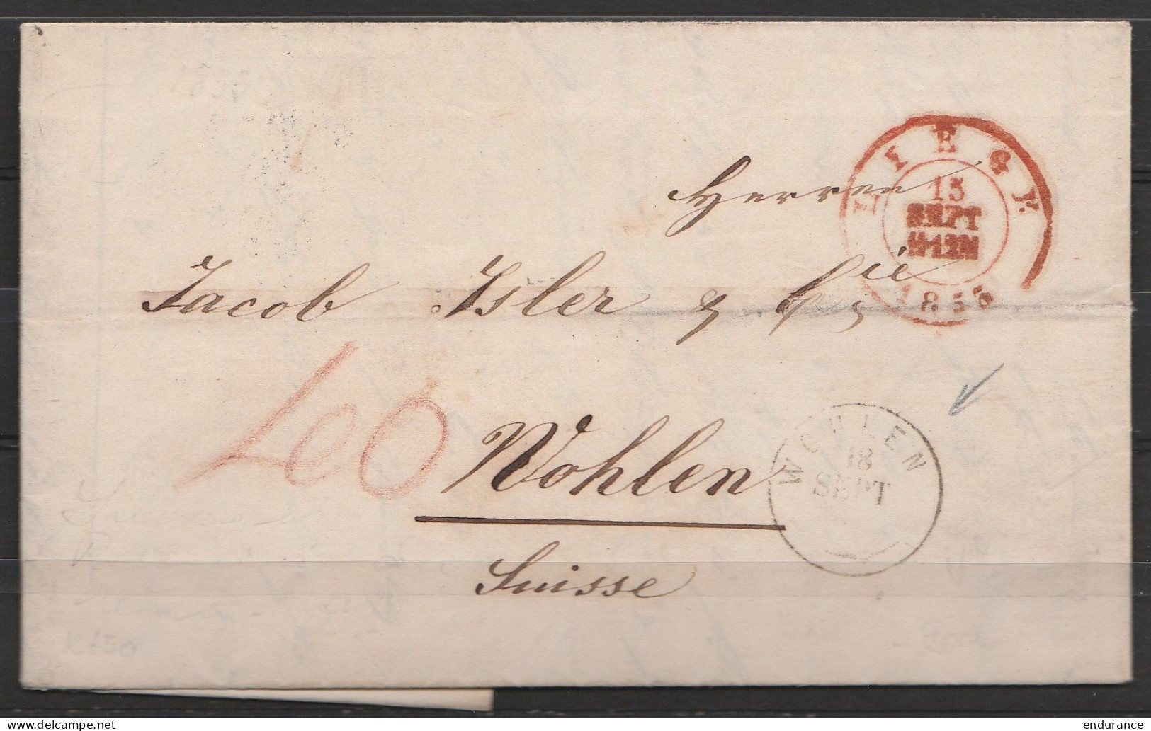 L.datée 13 Septembre 1853 De ROCLENGE Pour WOHLEN (Suisse) -  Càd LIEGE /13 SEPT 1853 + Càd Arrivée WOHLEN/18 SEPT Au Re - 1830-1849 (Belgica Independiente)