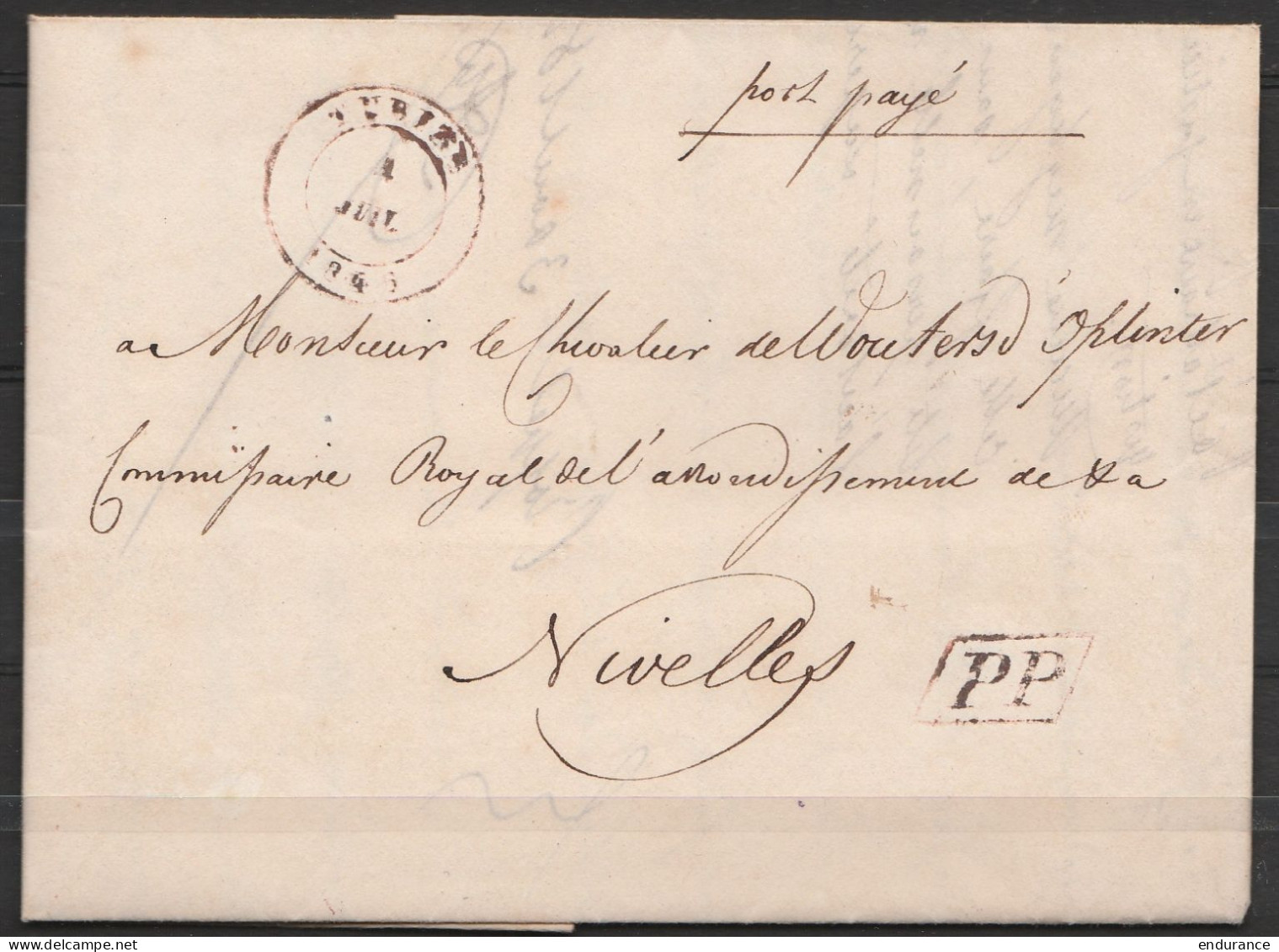 L.datée 3 Juillet 1846 De WAUTHIER-BRAINE - Càd TUBIZE /4 JUIL 1846 Pour NIVELLES - [PP] - [SR] & Boîte "F" Au Dos (rarr - 1830-1849 (Belgica Independiente)