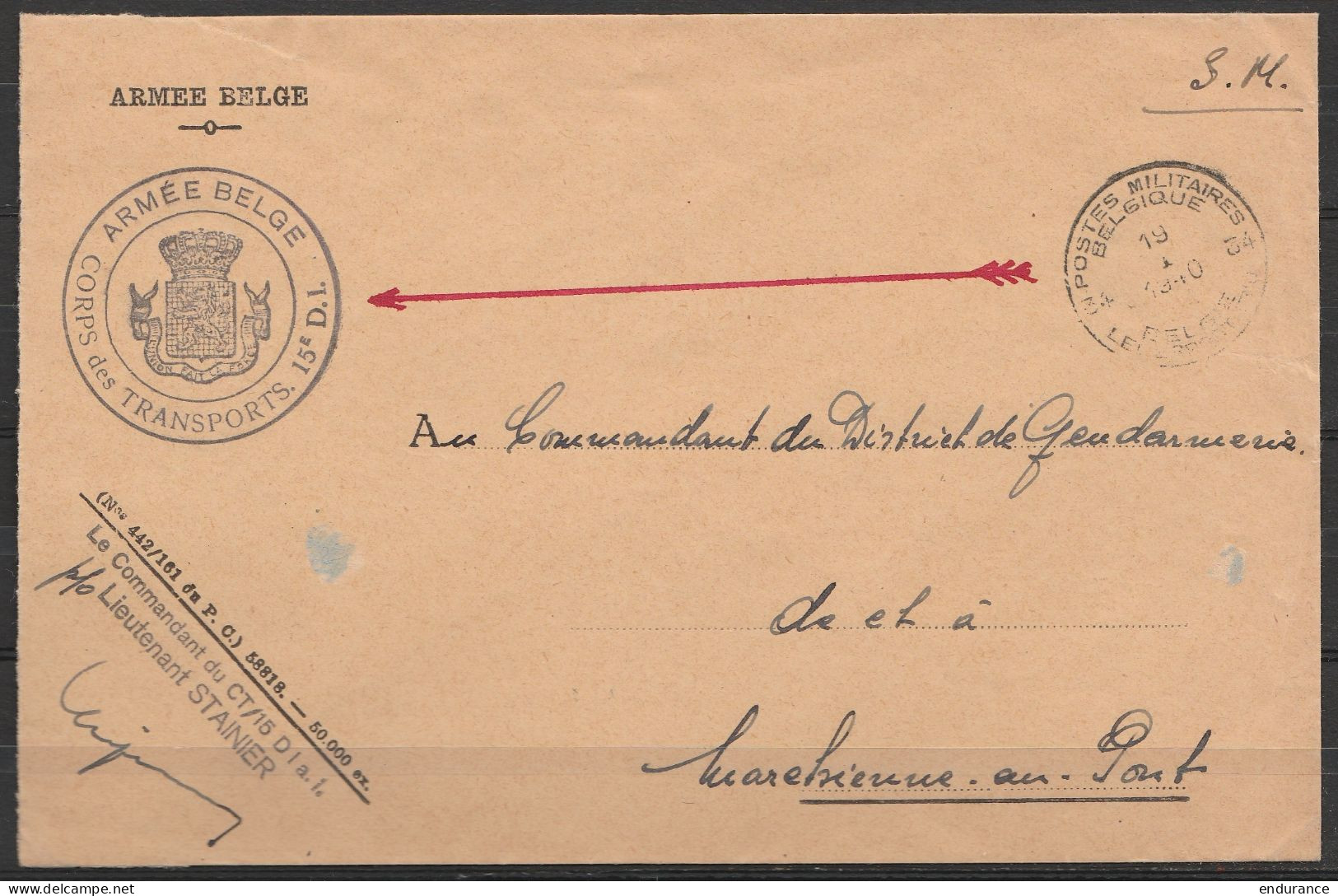 L. Entête "Armée Belge" En S.M. (Service Militaire) Franchise - Càd POSTES MILITAIRES BELGIQUE 34/19 I 1940 - Cachet "Ar - Briefe U. Dokumente