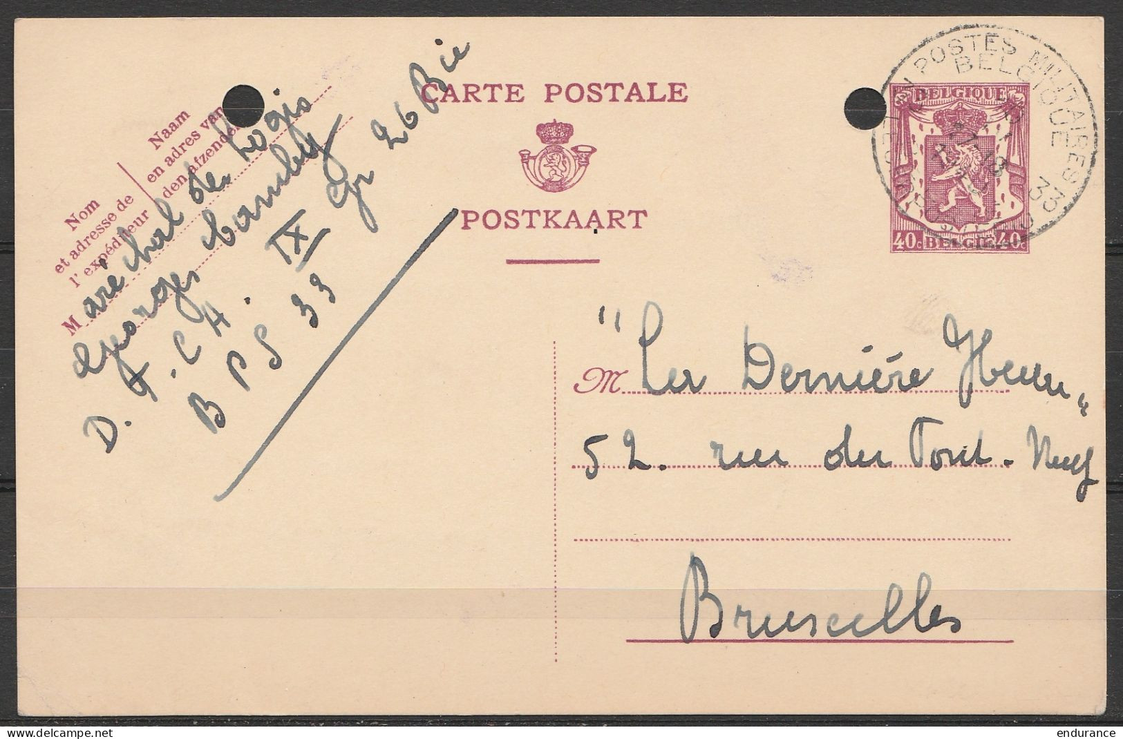 EP 40c Lilas Càd POSTES MILITAIRES BELGIQUE 33/10 III 1940 De Maréchal Des Logis Du D.T.CA B.P.S.33 Pour Journal 'La Der - Cartas & Documentos