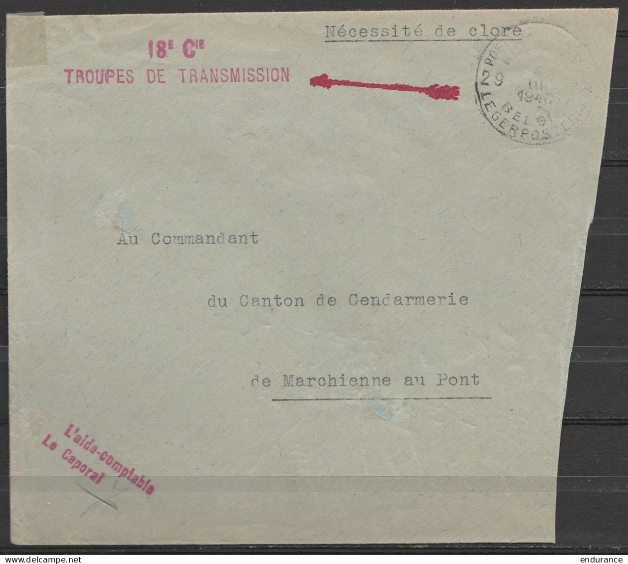 L. En S.M. (Service Militaire) Franchise - Càd POSTES MILITAIRES BELGIQUE 29/ ? III 1940 - Griffe "18e Cie Troupes De Tr - Covers & Documents