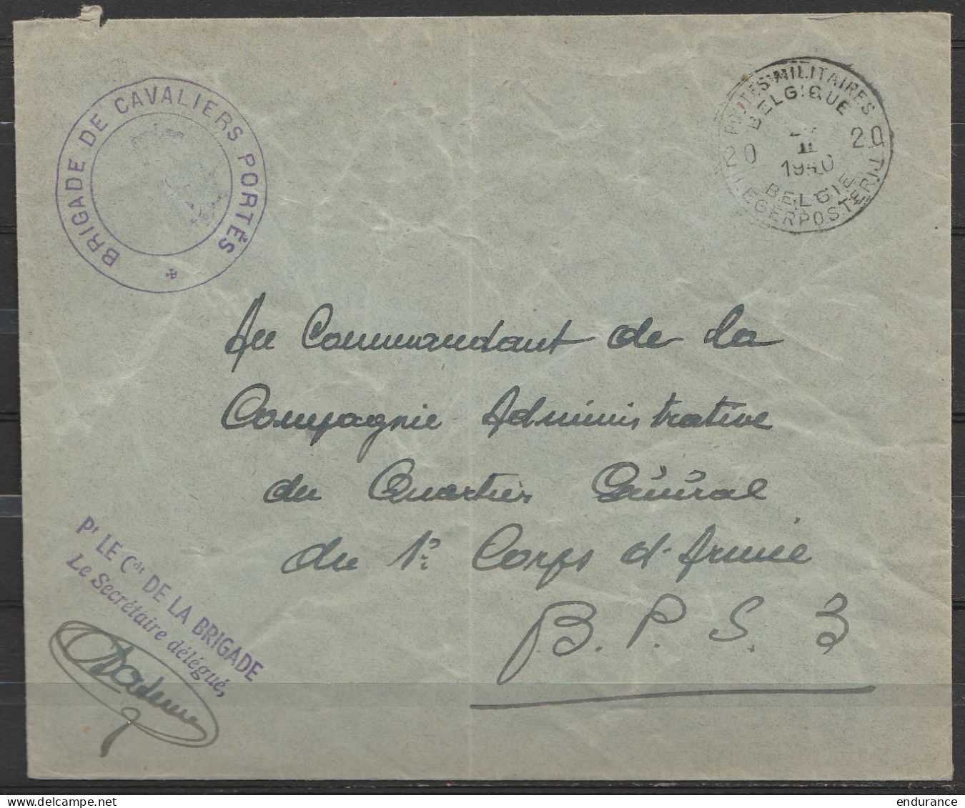 L. En S.M. (Service Militaire) Franchise - Càd POSTES MILITAIRES BELGIQUE 20/? II 1940 - Cachet "Brigade De Cavaliers Po - Brieven En Documenten