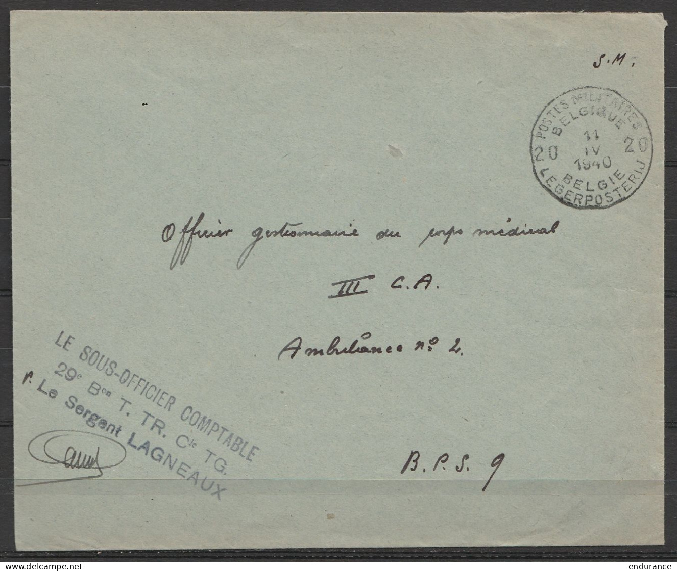 L. En S.M. (Service Militaire) Franchise - Càd POSTES MILITAIRES BELGIQUE 20/11 IV 1940 - Griffe "29e Bataillon T.TR.Cie - Storia Postale