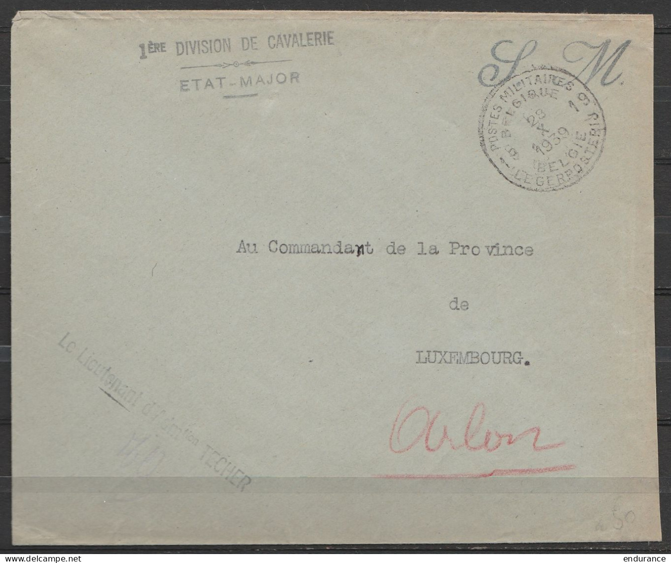 L. En S.M. (Service Militaire) Franchise - Càd POSTES MILITAIRES BELGIQUE 18/28 X 1939 - Griffe "1e Division De Cavaleri - Briefe U. Dokumente