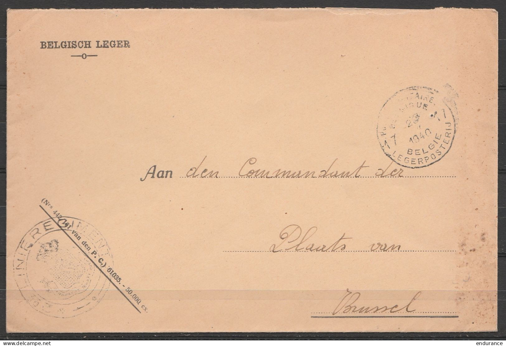 L. Entête "Belgisch Leger" En S.M. (Service Militaire) Franchise - Càd POSTES MILITAIRES BELGIQUE 17/ ? 1940 - Cachet NL - Lettres & Documents