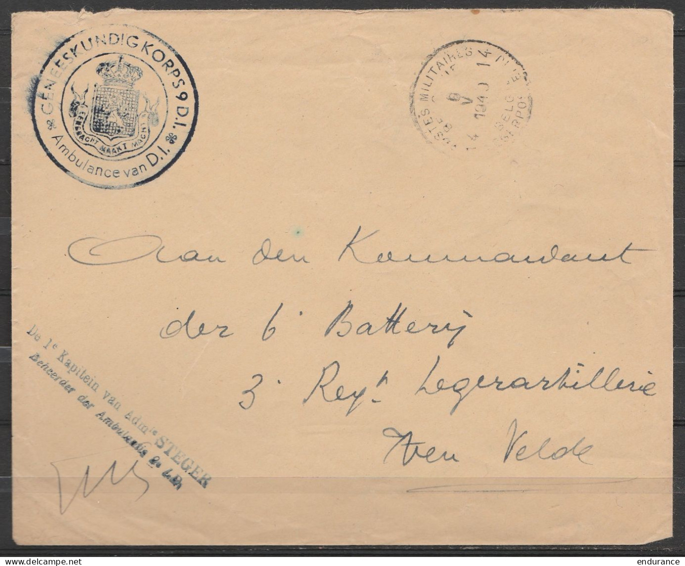 L. En S.M. (Service Militaire) Franchise - Càd POSTES MILITAIRES BELGIQUE 14/6 V 1940 - Cachet "Geneeskundigkorps 9 D.I. - Briefe U. Dokumente