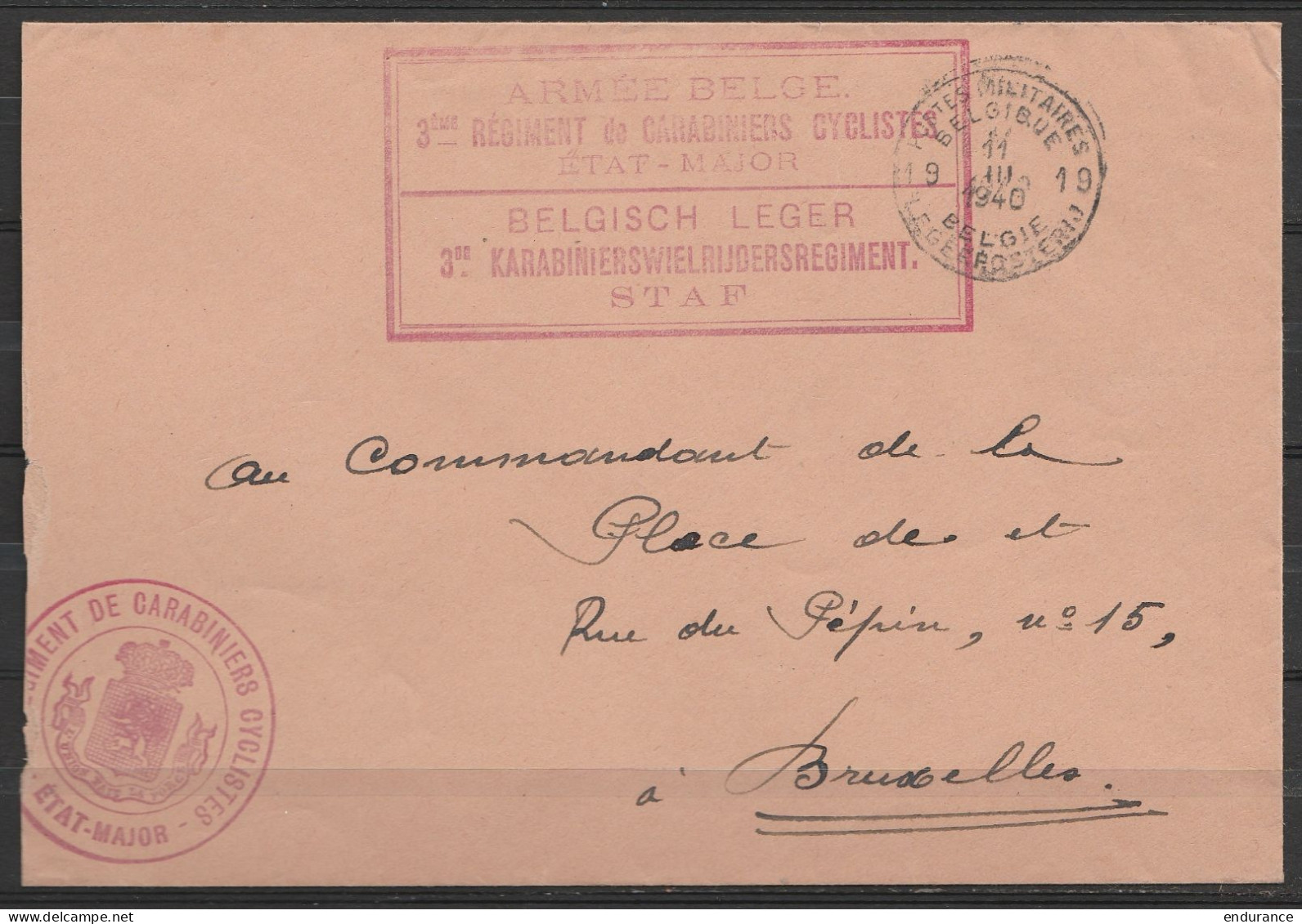 L. En S.M. (Service Militaire) Franchise - Càd POSTES MILITAIRES BELGIQUE 19/11 III 1940 - Cachet Bil.[Armée Belge / 3e  - Covers & Documents