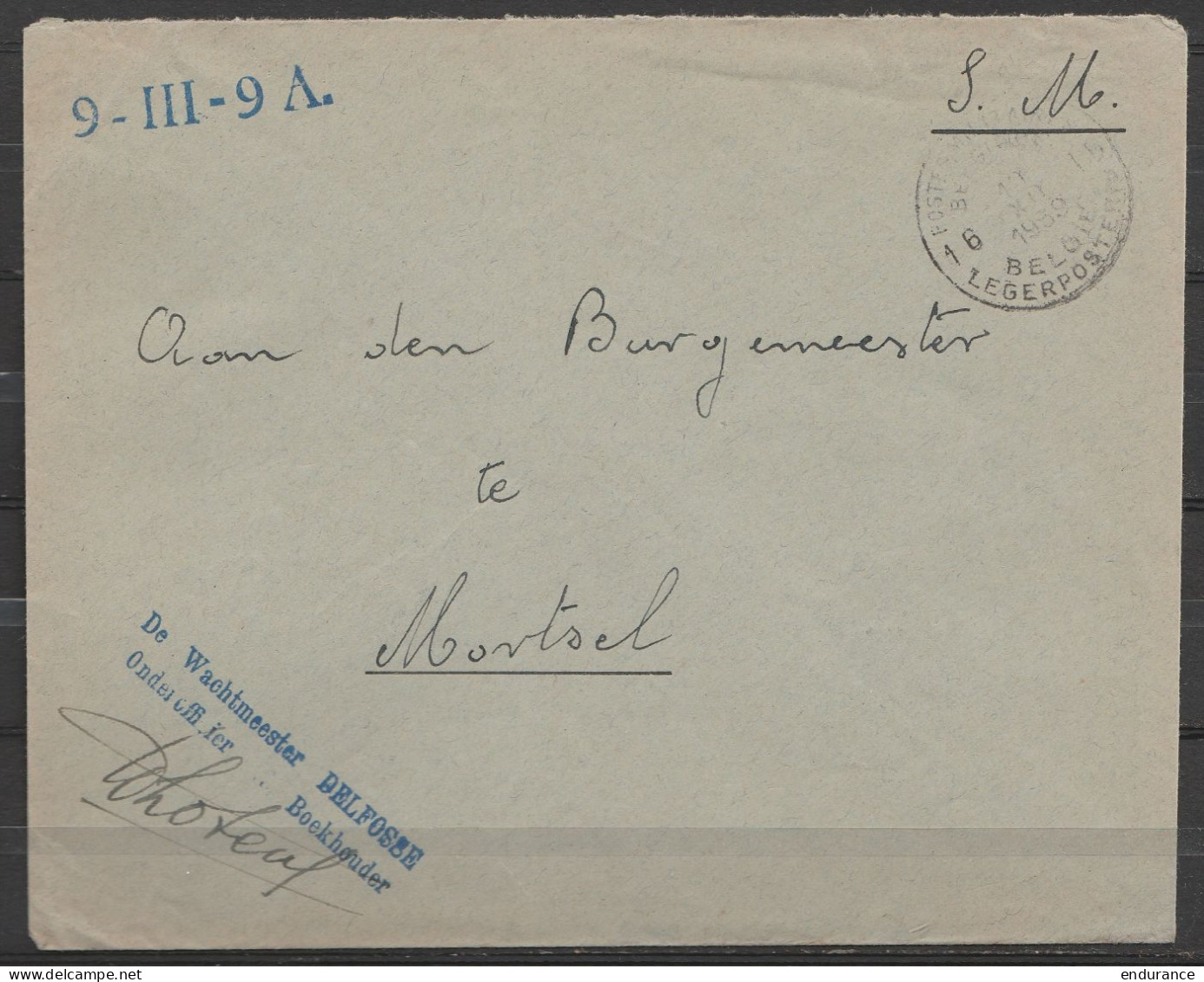 L. En S.M. (Service Militaire) Franchise - Càd POSTES MILITAIRES BELGIQUE 16/19 XII 1939 - Griffe "9-III-9 A." (artiller - Storia Postale