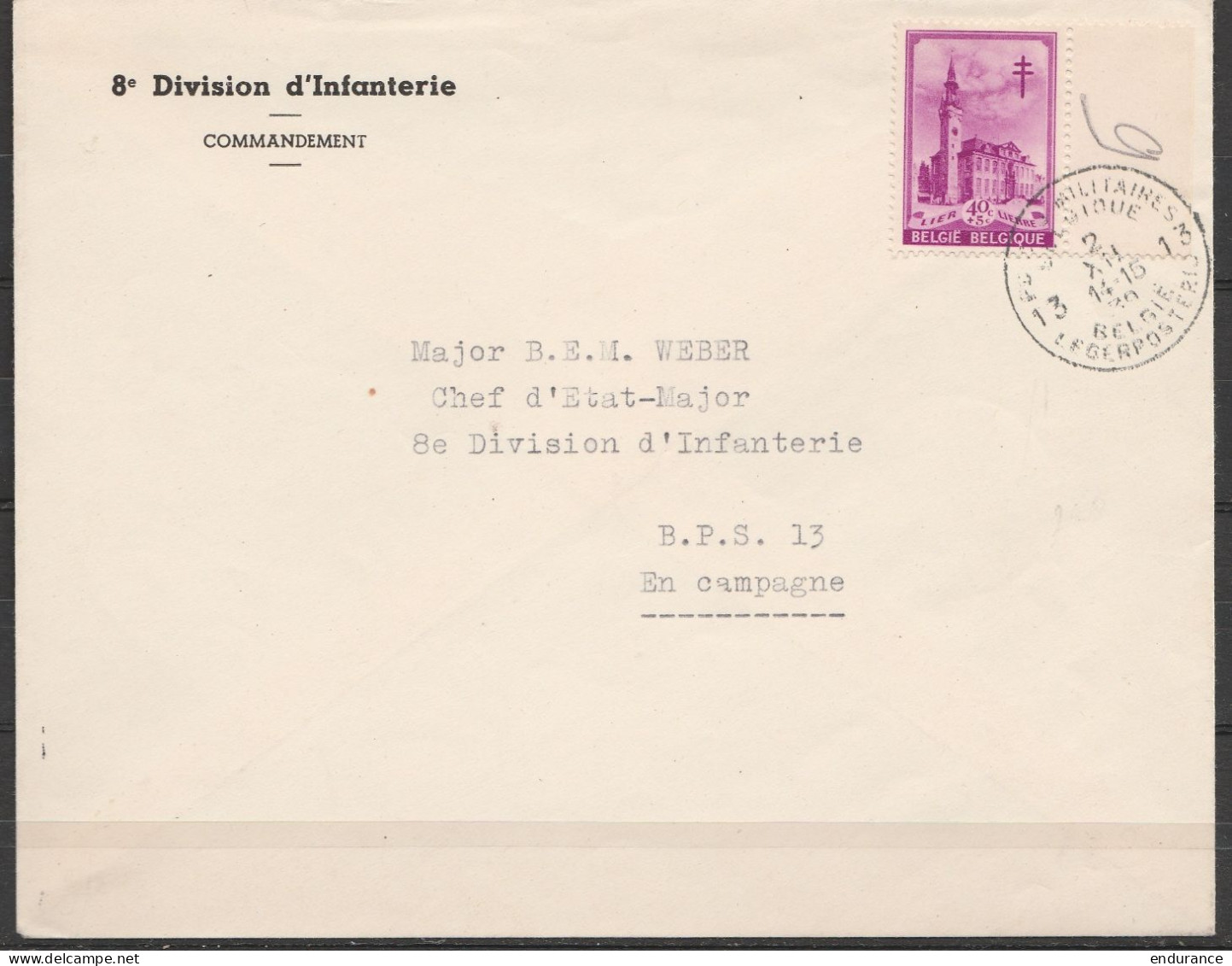 L. Entête 8e Division D'Infanterie / Commandement Affr.N°521 - Càd POSTES MILITAIRES BELGIQUE 13/2 XII 1939 Pour B.P.S.1 - Lettres & Documents